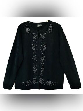 Vintage '90s Womens Large Black Beaded Design Long Sleeve Button Up Y2K Cardigan